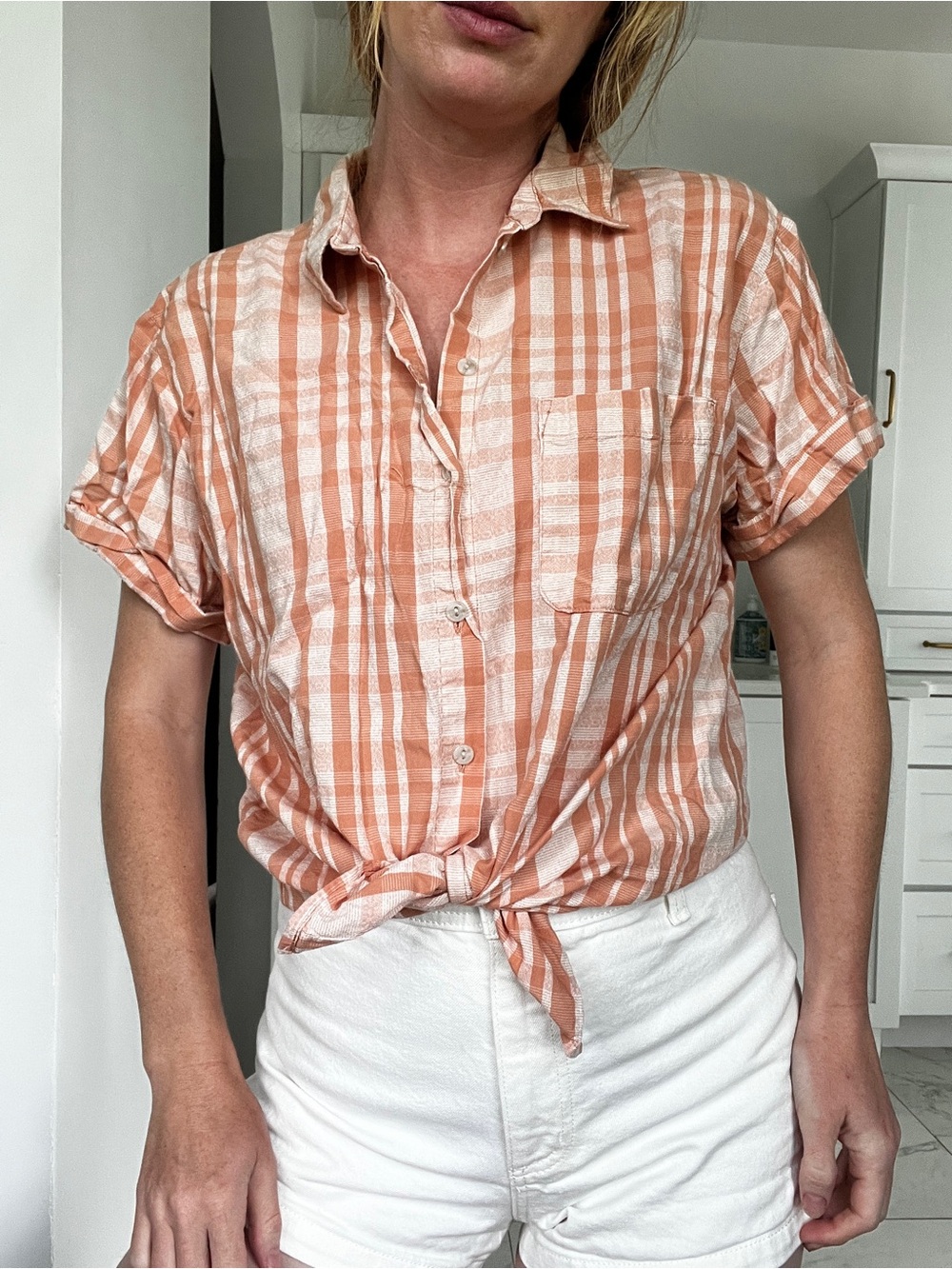 Universal Thread peach plaid Striped Button-Front Tie Shirt